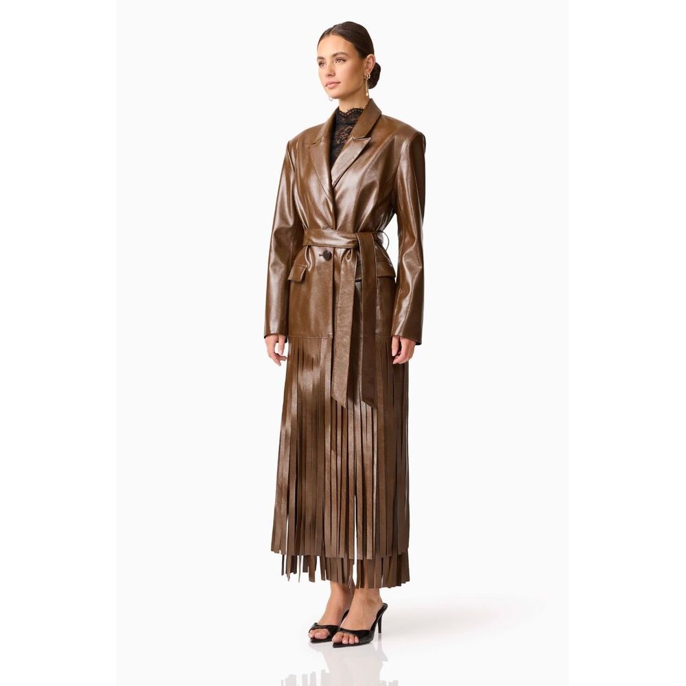 ELLIATT Vegan Leather Fringe Suit Set – Brown Blazer & Maxi Skirt size S NWT - Picture 2 of 11